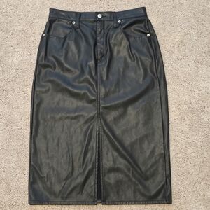 Universal Thread Black Faux Leather Midi Straight Skirt with Front Slit, Large